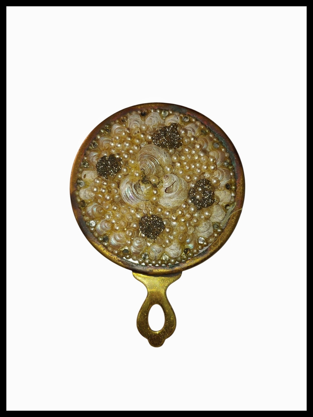 Vintage Handbag/Purse Mirror with Shells, Pearl, and Bead Accents